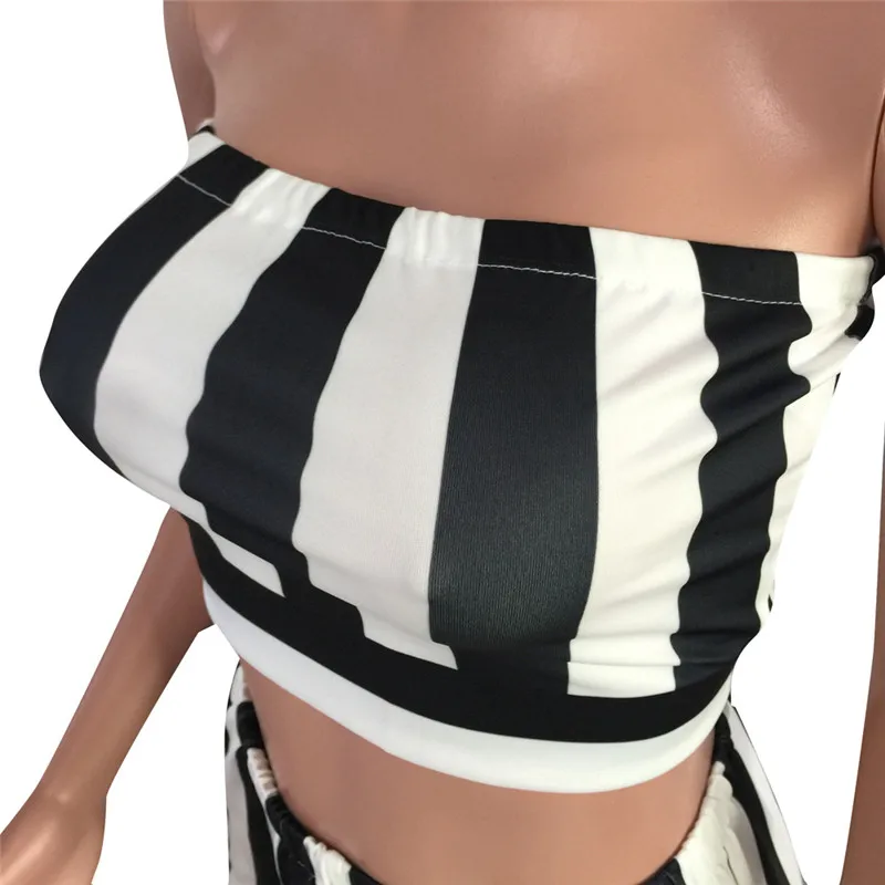 

Black Striped Sexy Two Piece Set Summer Women Strapless Crop Top and Wide Leg Pant Suit Clubwear Party 2 Piece Outfits for Women