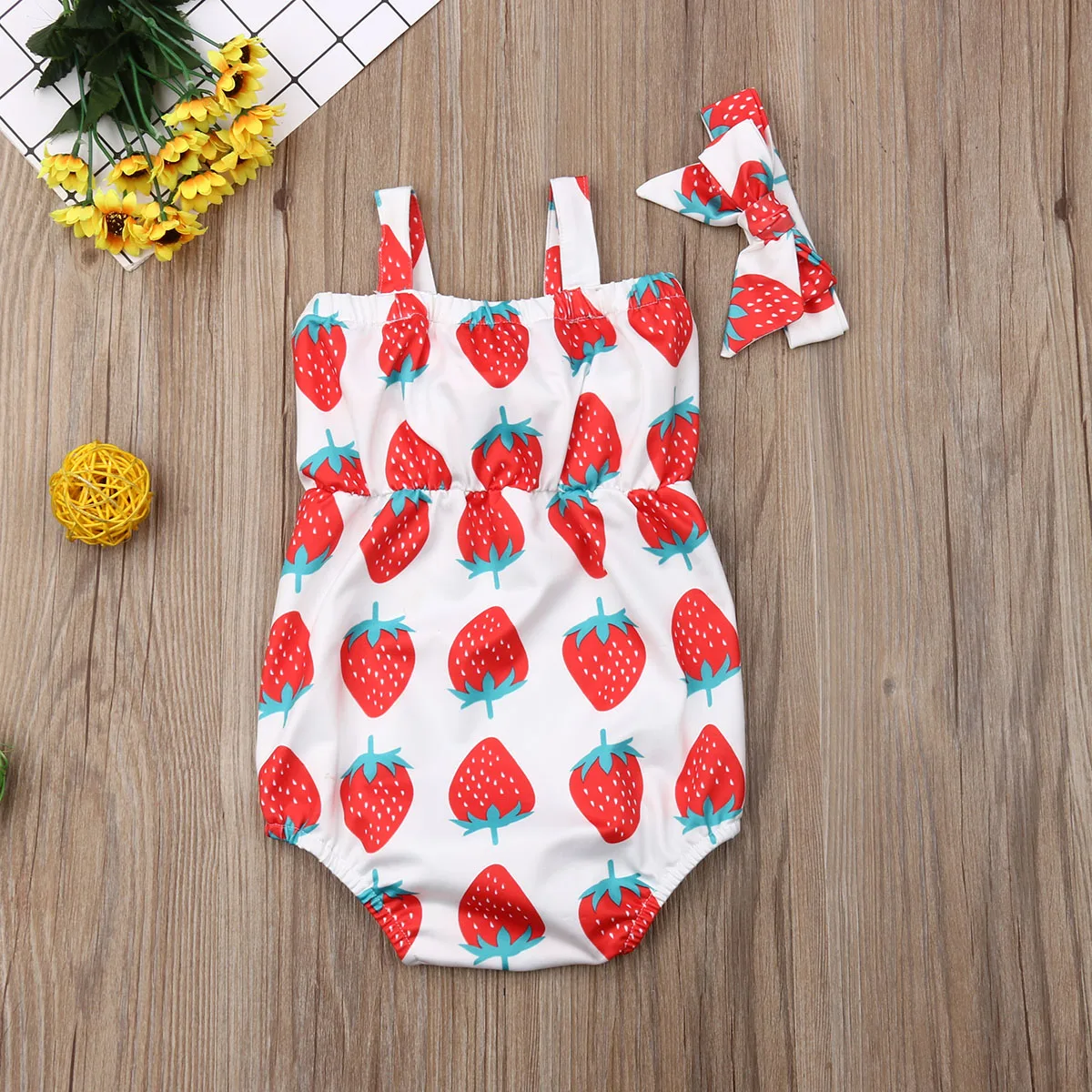 

Newborn Infant Toddler Kid Baby Girl Clothes White Sleeveless Strawberry Bow Bodysuit Causal Cotton Jumpsuit Outfits Clothes