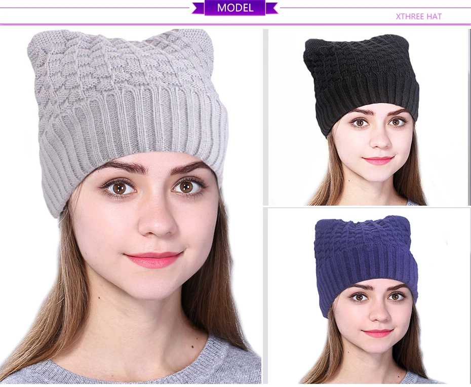 Xthree new cute polyester knitted hat cheap beanie cap with Lining warm winter hats for women outdoor pop ski caps