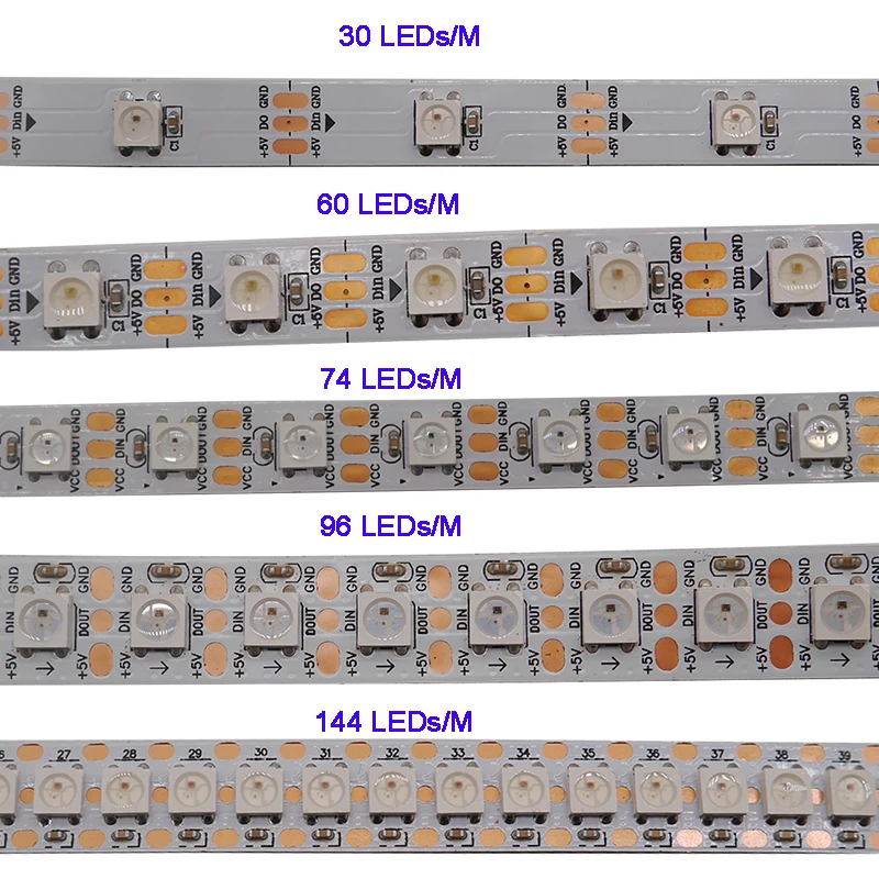 

WS2812B 1m/3m/5m 30/60/74/96/100/144 pixels/leds/m Smart led pixel strip,WS2812 IC;WS2812B/M,IP30/IP65/IP67,Black/White PCB,DC5V