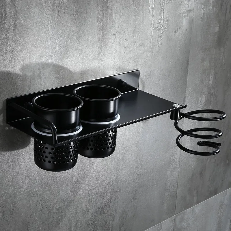 Стойка для фена MJ596 черная алюминиевая полка с чашкой бытовой держатель