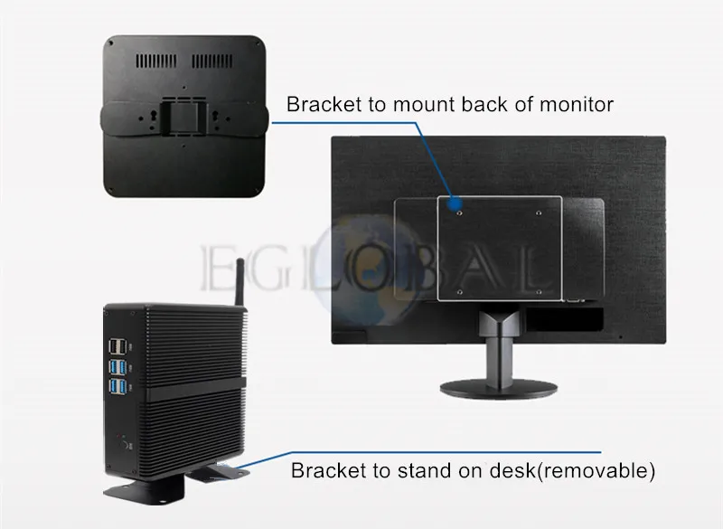 Eglobal Intel Core i7 i5 7200U i3 7100U безвентиляторный мини-ПК Windows 10 Pro Barebone компьютер DDR4/DDR3 2,4 GHz 4K HTPC WiFi HDMI VGA