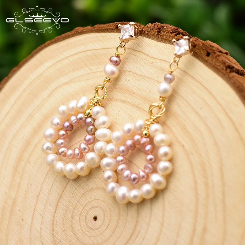 

XlentAg Original Handmade Natural Fresh Water Pearl Pink Pearl Round Drop Earrings For Women Wedding Jewelry Kolczyki GE0718