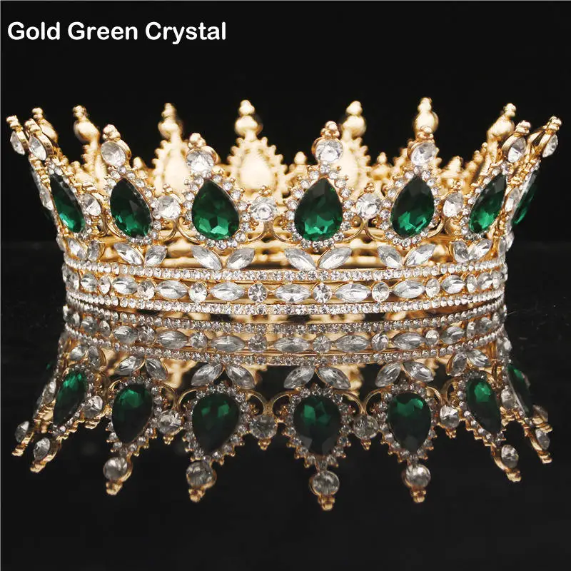 Gold Green Барокко Королева Король невесты тиара Корона головной убор выпускного вечера свадебные диадемы и короны Театрализованное украшение для волос аксессуары - Окраска металла: Gold Green
