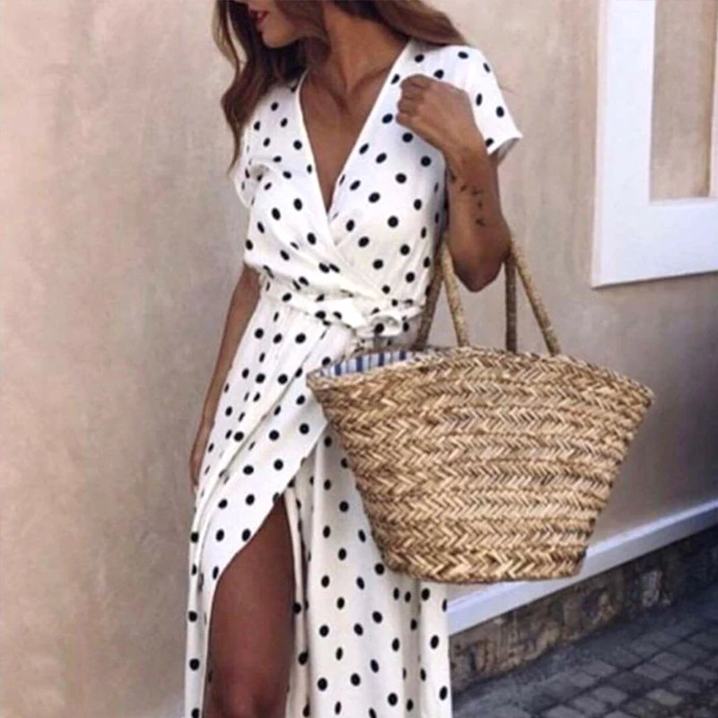 Женское длинное платье в горошек Boho повседневное пляжное с глубоким вырезом и