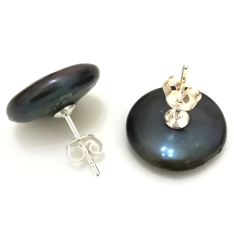

16-17mm Black Natural Button Pearl 925 Sterling Silver Stud Earring