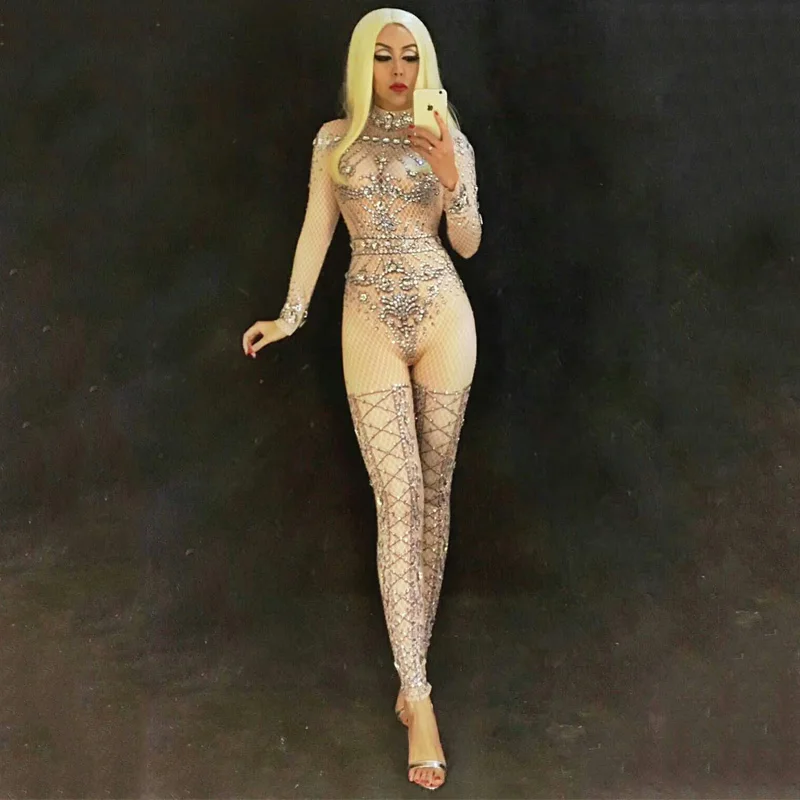 

Women Sexy Stage Big Rhinestones Jumpsuit Glisten Bodysuit Dance Costume Female Birthday Celebrate Singer Dancer Clothes DT375