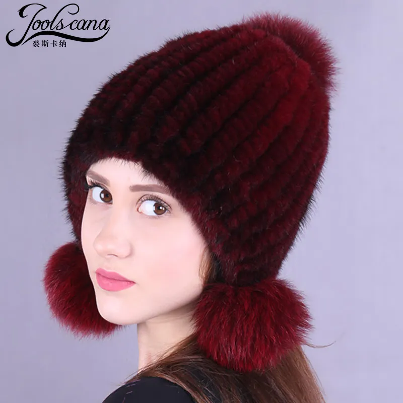 Зимние шапки JOOLSCANA для женщин, меховая шапка с помпоном, женская шапка, русская Меховая кепка, зимняя шапка из натурального меха норки, вязаные шапки с лисьим помпоном