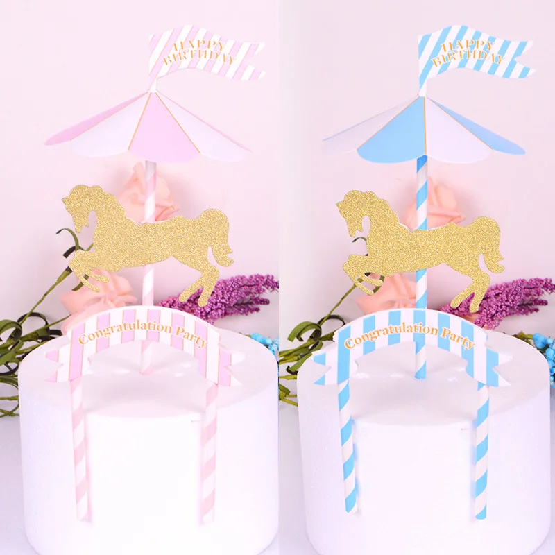 1 комплект веселые круглые карусели розовые синие флажки для торта украшения на