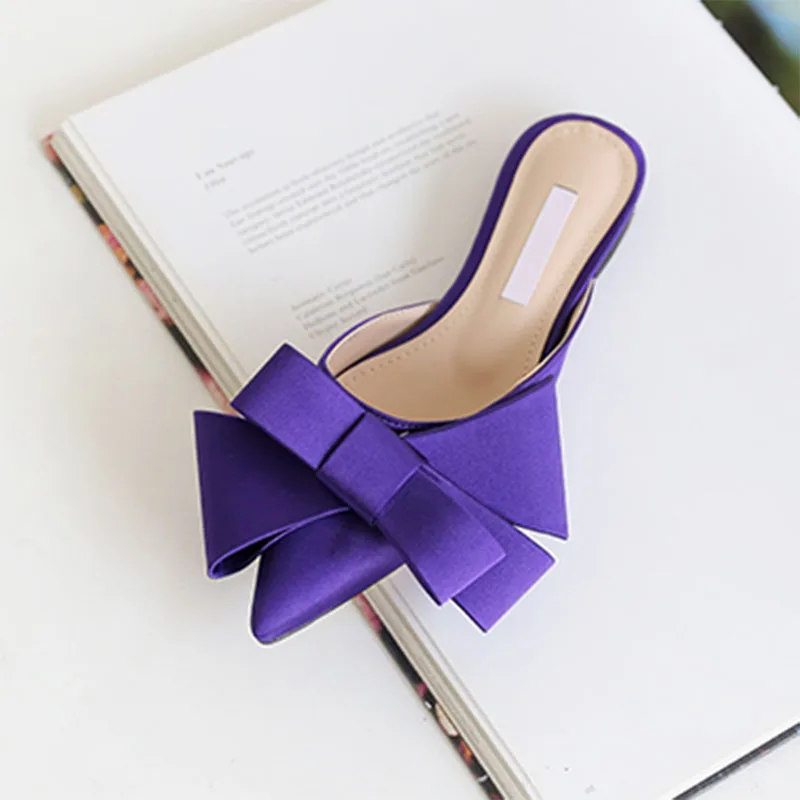 Violet(high 1.5cm) Женская обувь; сезон весна-лето; корейские шелковые атласные тапочки с острым носком и бантом; Baotou; комплекты на Плоском Каблуке; полутапочки - Цвет: Violet(high 1.5cm)