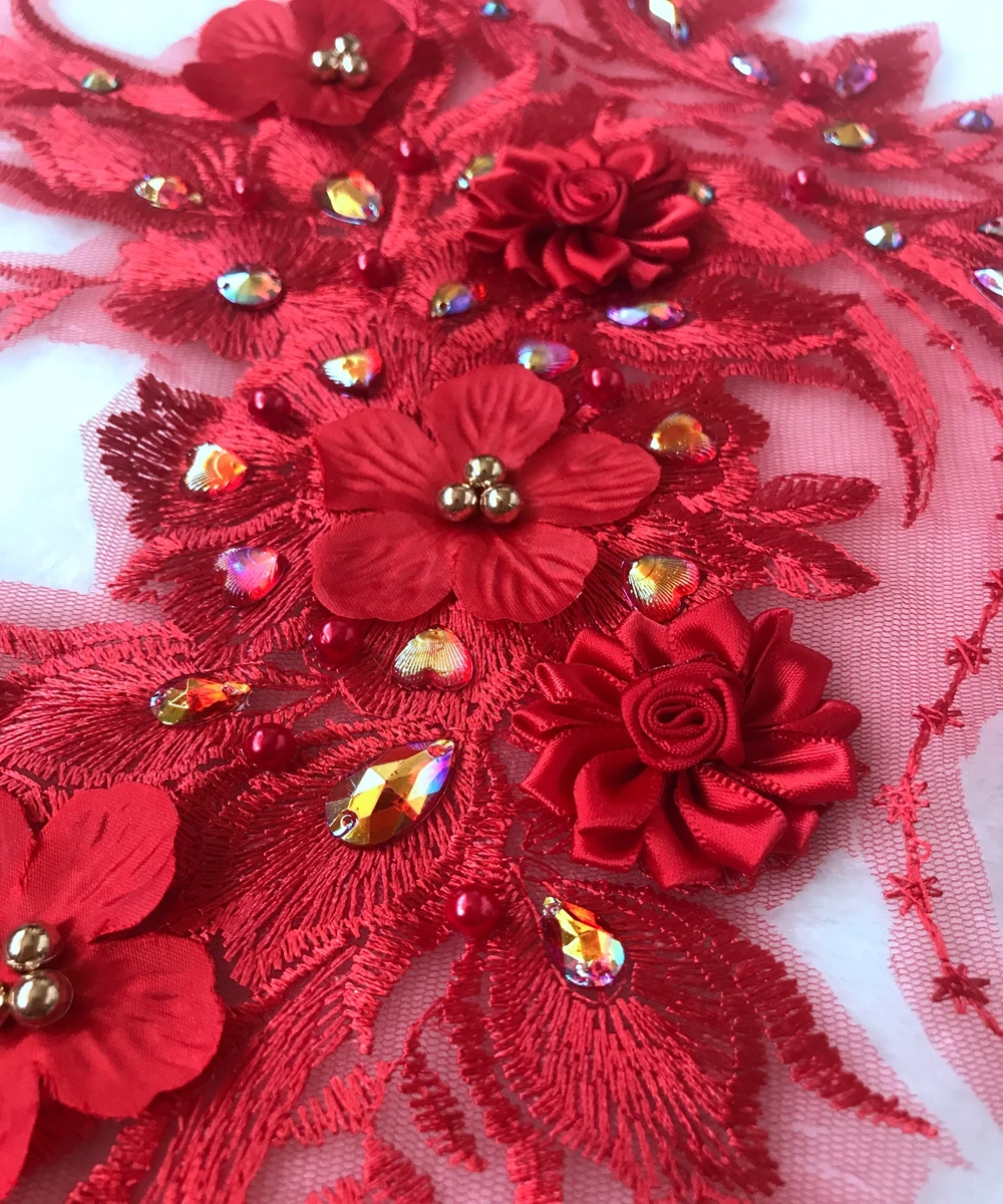 Трехмерная Цветочная красная/Золотая Кружевная аппликация с нашивками Стразы