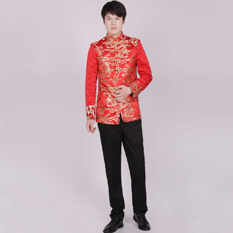 Красная туника традиционный топ с воротником стойкой мужской костюм вышивкой