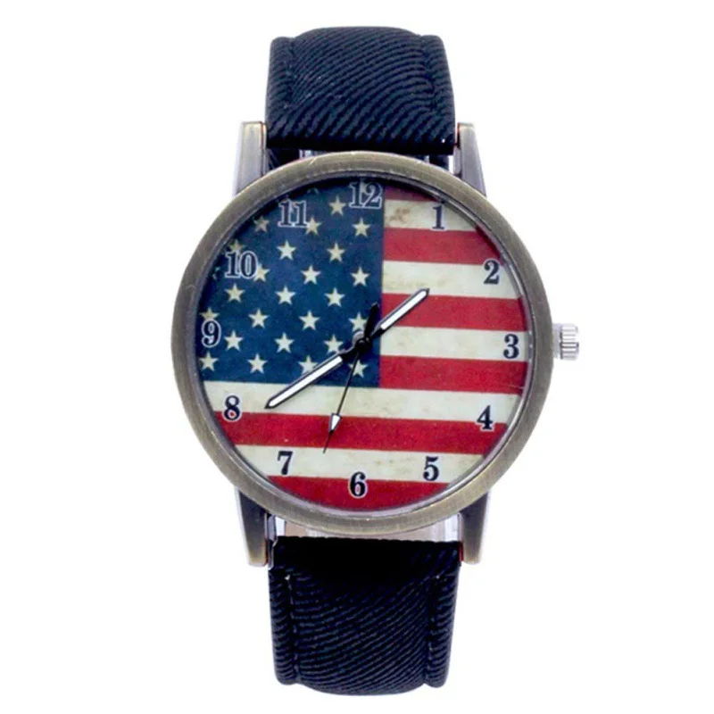 Часы унисекс роскошные женские с рисунком флага США кожаный ремешок аналоговые