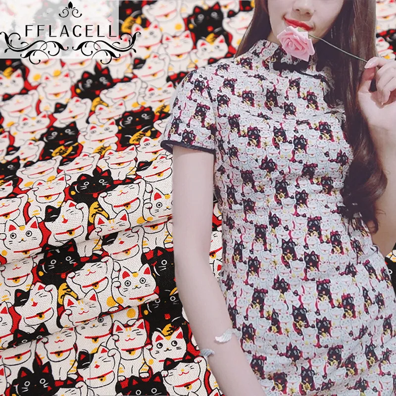 FFLACELL 1 м мультфильм Lucky Cat печати ткани ручной работы DIY лоскутное шитье рот золото