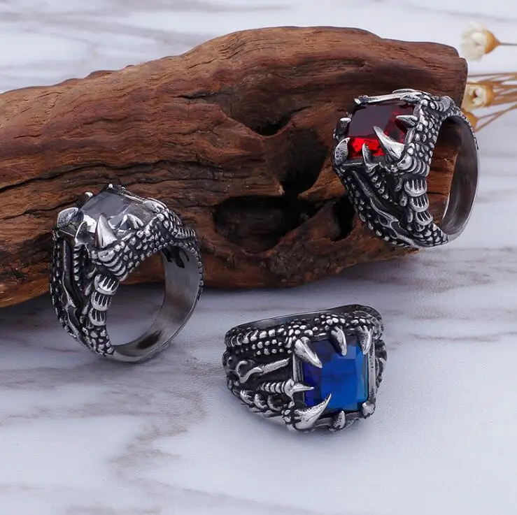 Винтажные крутые кольца в стиле панк с красными синими белыми кристаллами