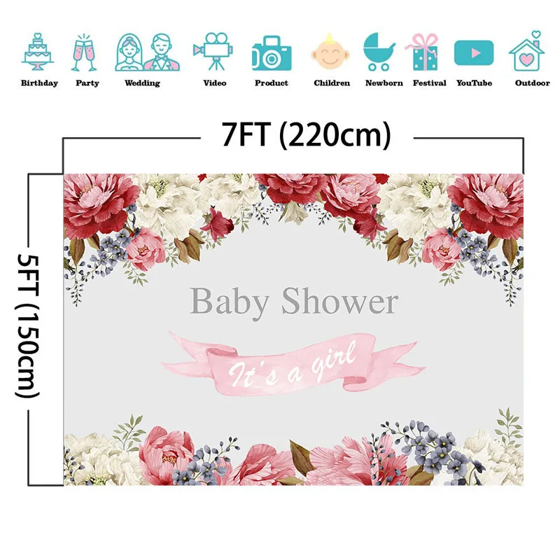 NeoBack It's a Girl Baby Shower задний фон розовый красный белый цветочный для