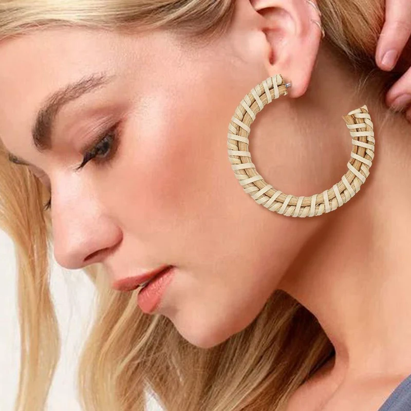 Плетеные серьги из ротанга ручной работы легкие сережки кольца соломы в богемном