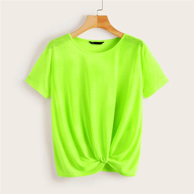 Neon Green SweatyRocks, неоновый Лайм, крученый передний Топ, уличная одежда, тянущиеся зеленые футболки, летние повседневные женские одноцветные футболки - Цвет: Neon Green