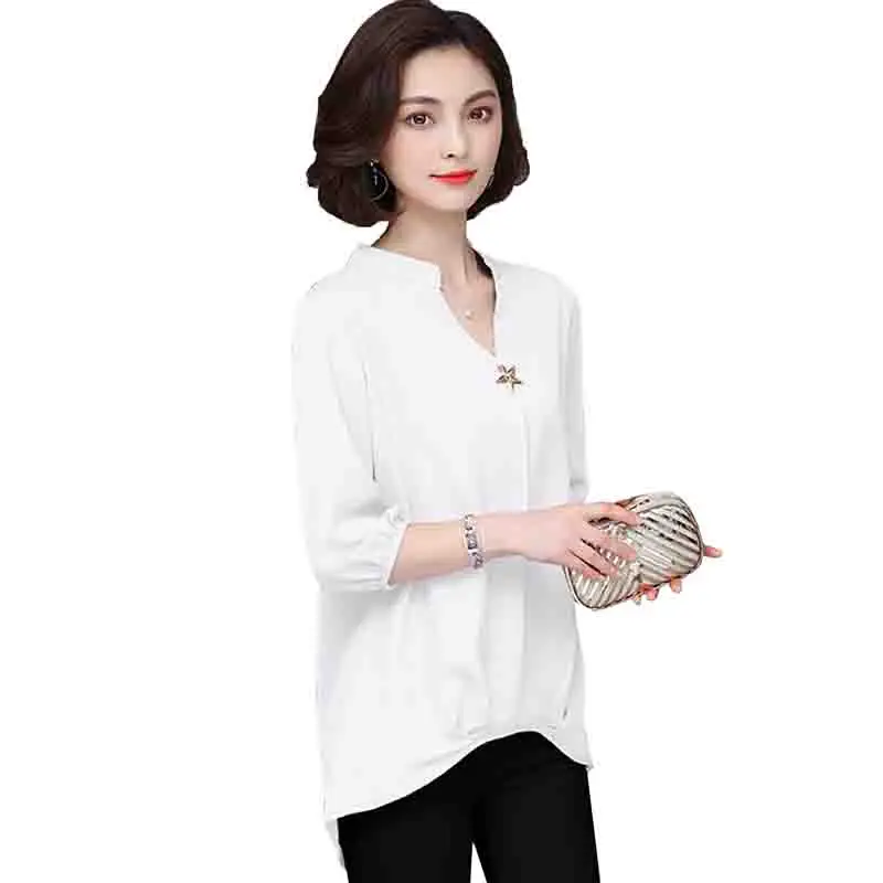 

Fashion women Chiffon shirt 2019 new summer V neck Seven-quarter sleeve casual blouse office ladies Loose plus size tops blusas
