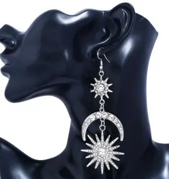 Big Luxury Sun Moon Stars Drop Earrings Rhinestone Punk for Women Jewelry Golden Boho Vintage Statement | Украшения и аксессуары