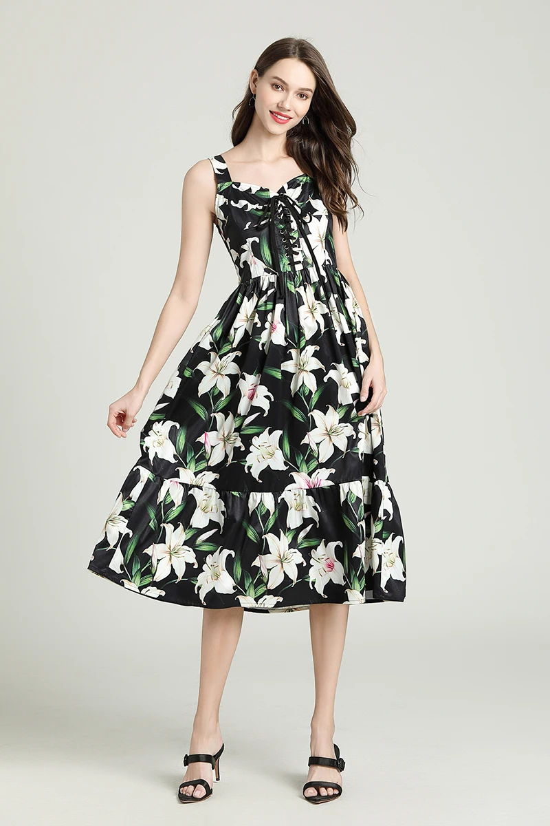 Женское платье на бретельках подиумное хлопковое пляжное с цветочным принтом