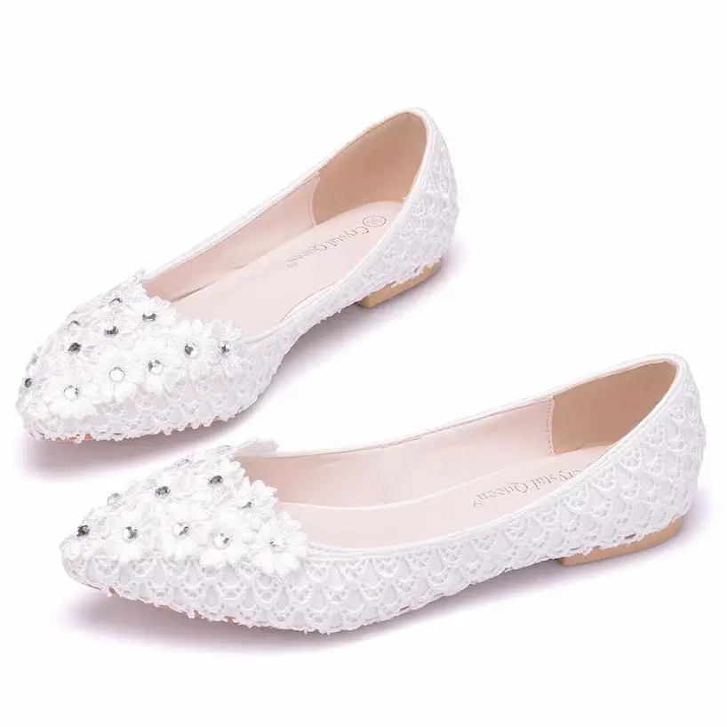 Женские свадебные туфли с цветочным кружевом белые на плоской подошве весенние