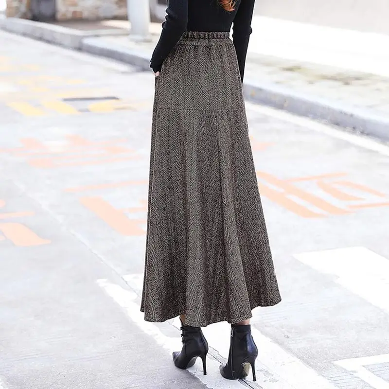 Осенне зимняя юбка в полоску Женская эластичная с высокой талией повседневная