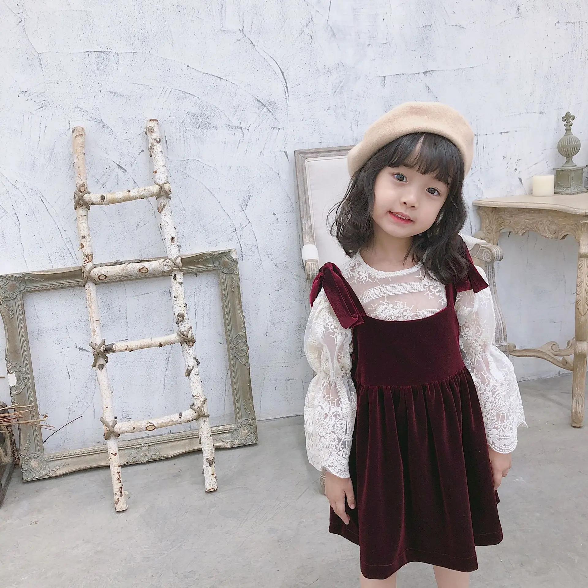 Элегантное винтажное вельветовое платье и кружевные рубашки наряды для девочек