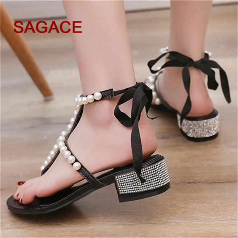 Женская обувь на шнуровке с открытым носком бантом и жемчугом Римские сандалии