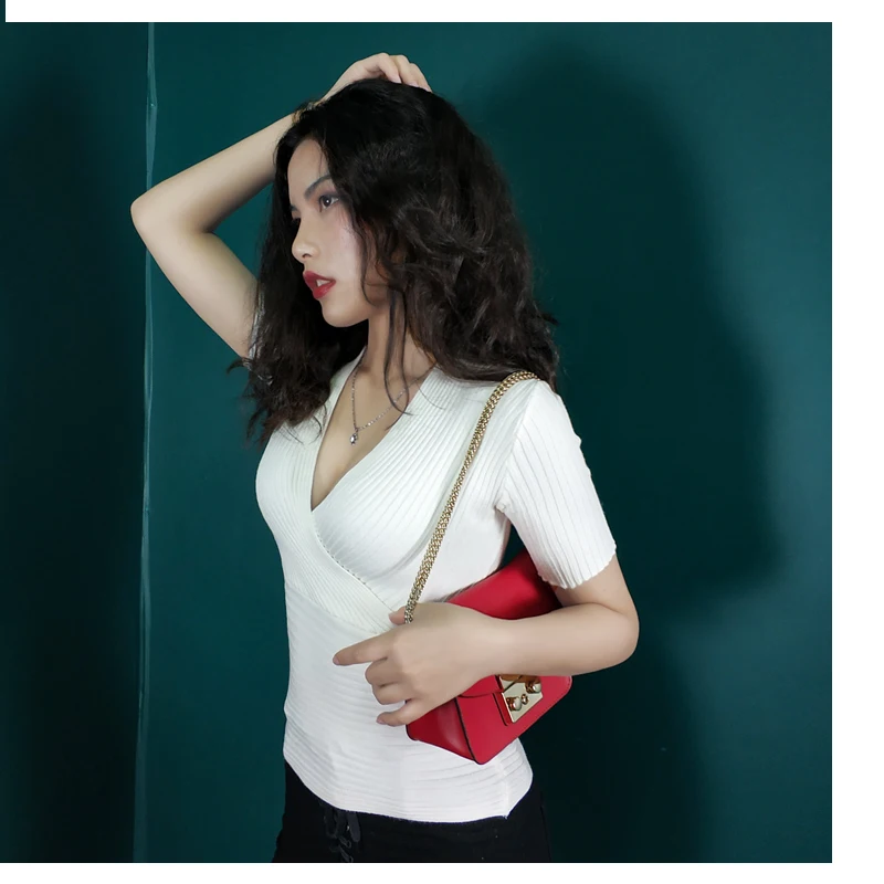 Women Sweater Knitting Pullover Top Summer Female Short Sleeve Elastic Skinny Sexy Deep V-neck Low Cut Knitted Shirts ZX132 | Женская