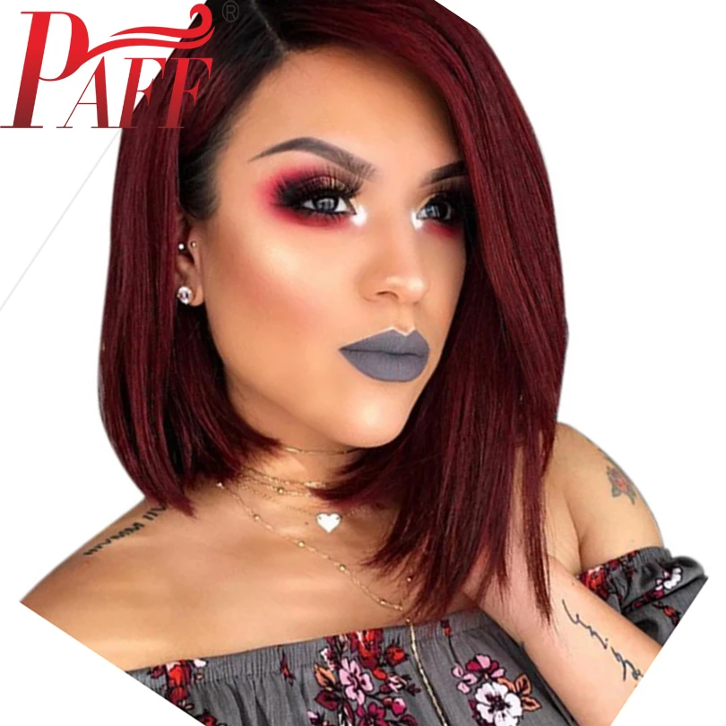 PAFF Ombre 99J короткий парик из натуральных волос на кружеве шелковистые прямые
