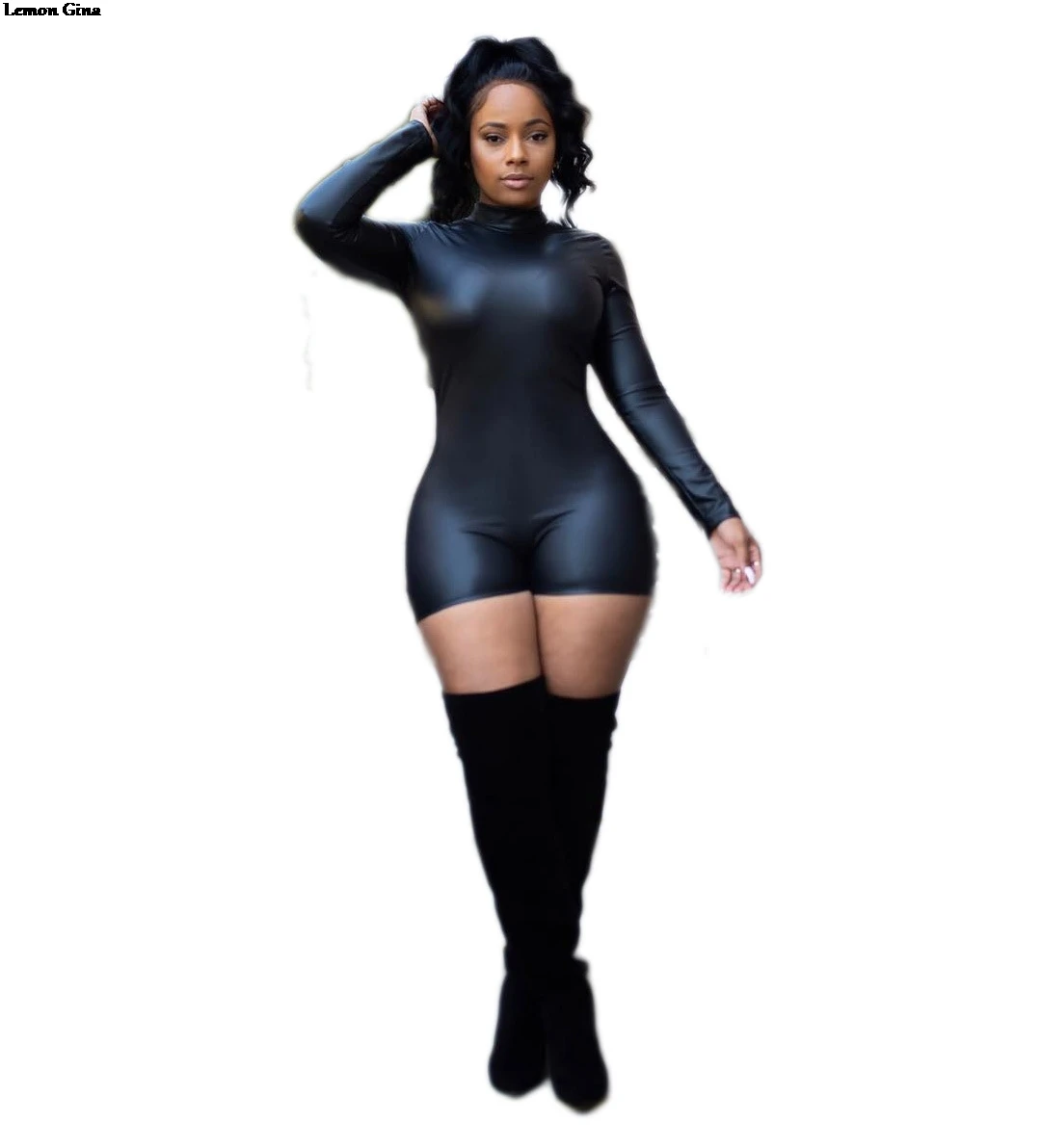 Lemon Gina Women stand neck long sleeve faux leather bodycon skinny short jumpsuit sexy night playsuit romper C1055
