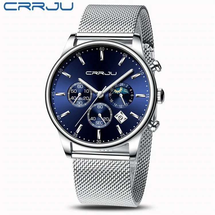 CRRJU мужские часы Reloj Hombre мужские s часы лучший бренд класса люкс кварцевые часы с большим циферблатом спортивные водонепроницаемые Relogio Masculino Saat - Цвет: silver blue