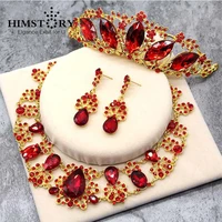 gorgeous red austrian crystal wedding jewelry waterdrop floral crown hair comb tiara necklace earrings set bridal jewelry set