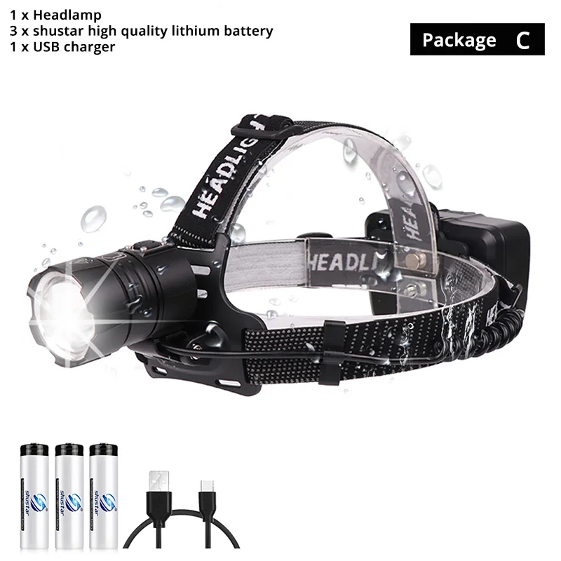 Package C Мощный XHP70 светодиодный водонепроницаемый налобный фонарь с поддержкой зума, 3 режима переключения, питание от 3 батареек 18650 для охоты, рыбалки - Испускаемый цвет: Package C