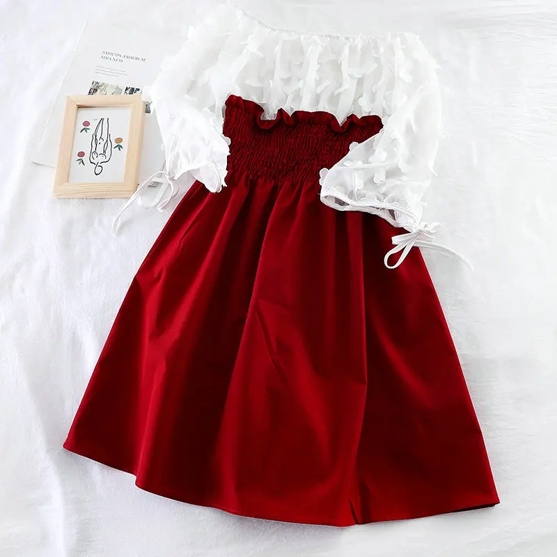 Women Dress Для женщин летние Slash шеи Половина Фонари рукав бандаж, с цветочками, с ремешком в виде буквы; шифоновое плиссированное платье Винтаж эластичные тонкие вуаль вечерние мини-платье - Цвет: Women Dress