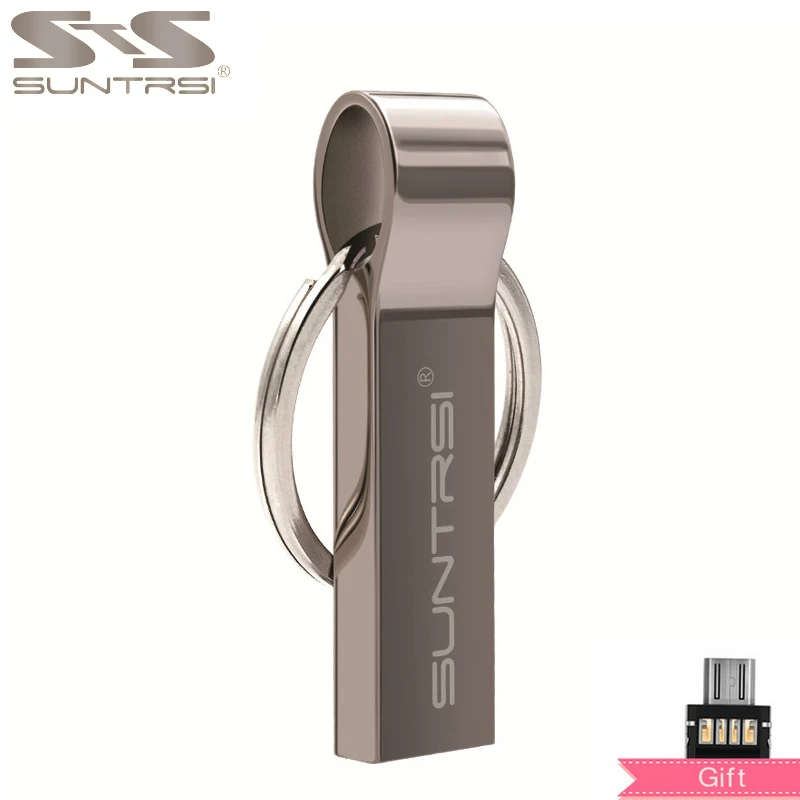Металлическая usb-флешка Suntrsi 32 ГБ для компьютерная Флешка 64 Гб 16 Гб USB флешка металлическая цепочка для ключей 8 Гб высокоскоростная водонепроницаемая - Цвет: black with adapter