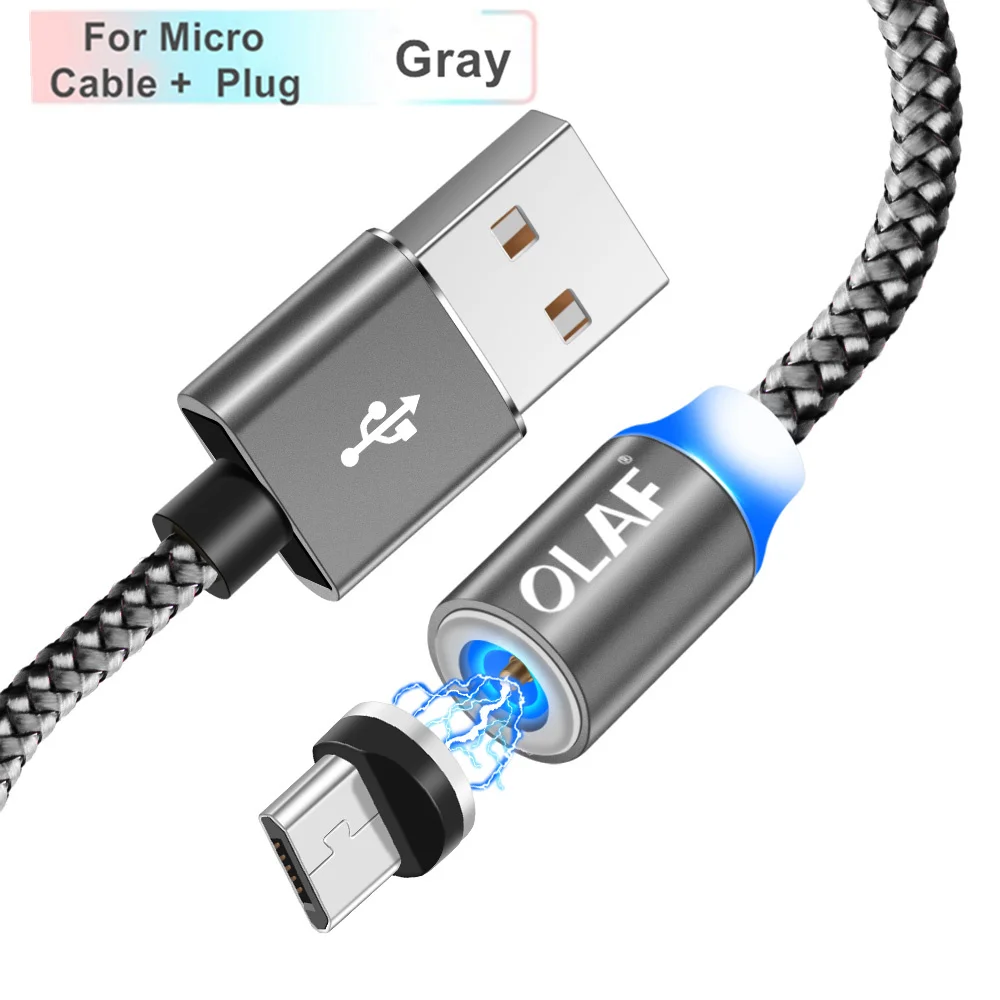Gray For Micro usb OLAF светодиодный магнитный usb-кабель для iPhone X, Xr, Xs, Max, Micro USB кабель type-c, быстрый Магнитный usb-кабель для зарядки samsung S9, Xiaomi - Цвет: Gray For Micro usb