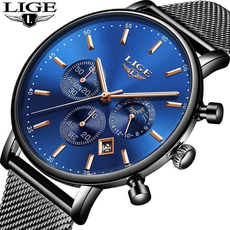 Часы LIGE Мужские Спортивные кварцевые люксовые брендовые ультра тонкие с