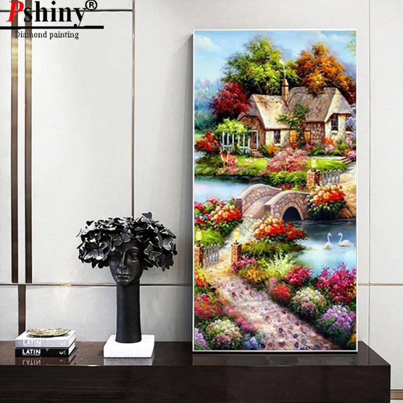 PSHINY DIY 5D алмазная вышивка Продажа Красочные деревенский дом декорации полная