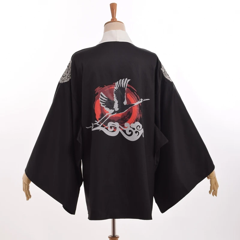 Кимоно кимоно юката черного цвета японский винтажный Тренч с вышивкой журавлей