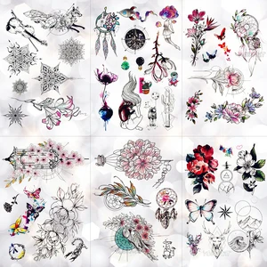 Геометрические кружевные цветы водостойкие временные татуировки наклейки кролик Ловец снов линия Роза флеш татуировки боди-арт рука поддельные татуировки