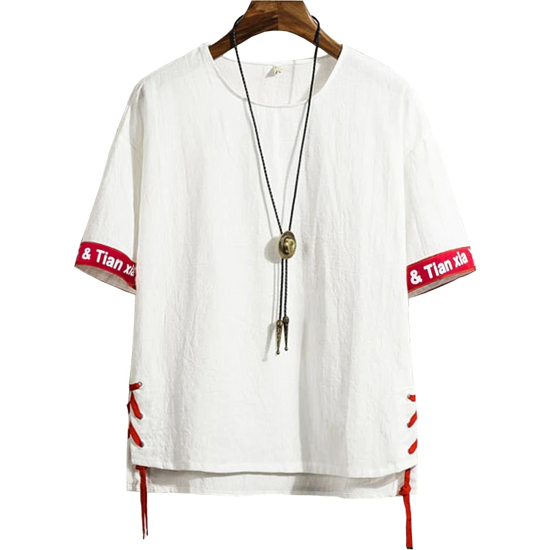 Летняя Льняная мужская футболка с круглым вырезом Мужская в китайском стиле