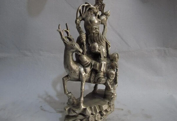 song voge gem S1434 China Fengshui copper silver God of Longevity Life Star On Deer &amp Peach Statue | Дом и сад