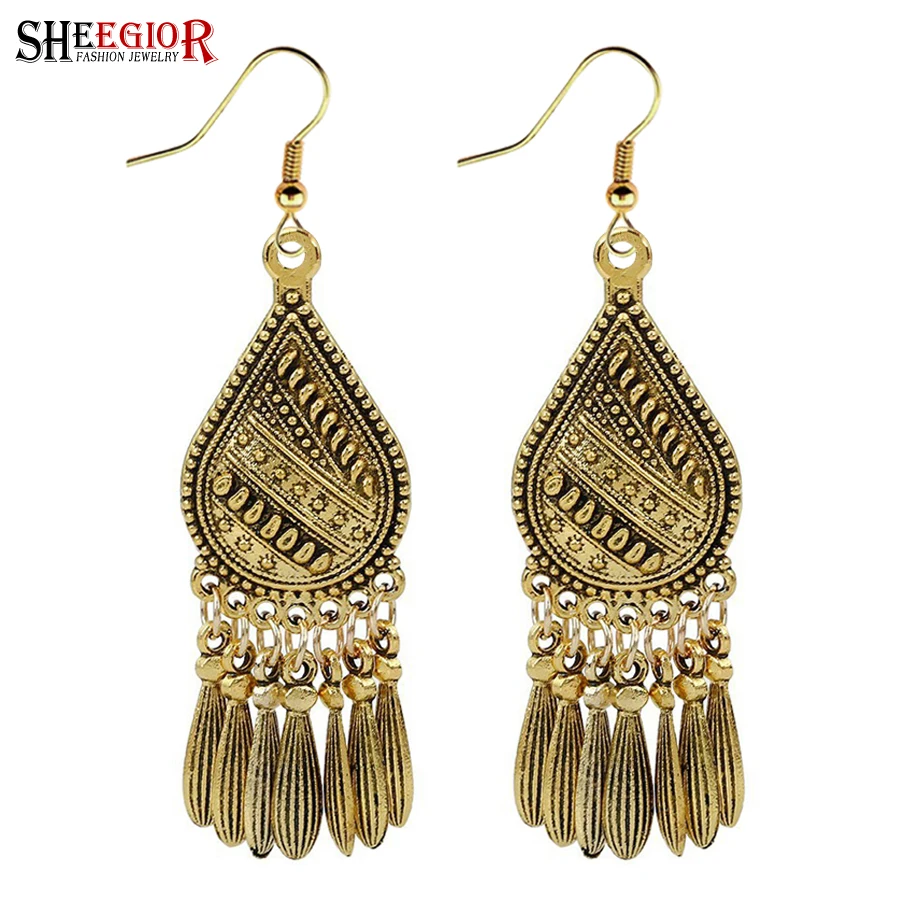 SHEEGIOR NEW Ethnic Long Earrings for Women Fashion Jewelry Bohemian Vintage Bronze Water Drop Pendant Earring Bijoux Femme Gift | Украшения