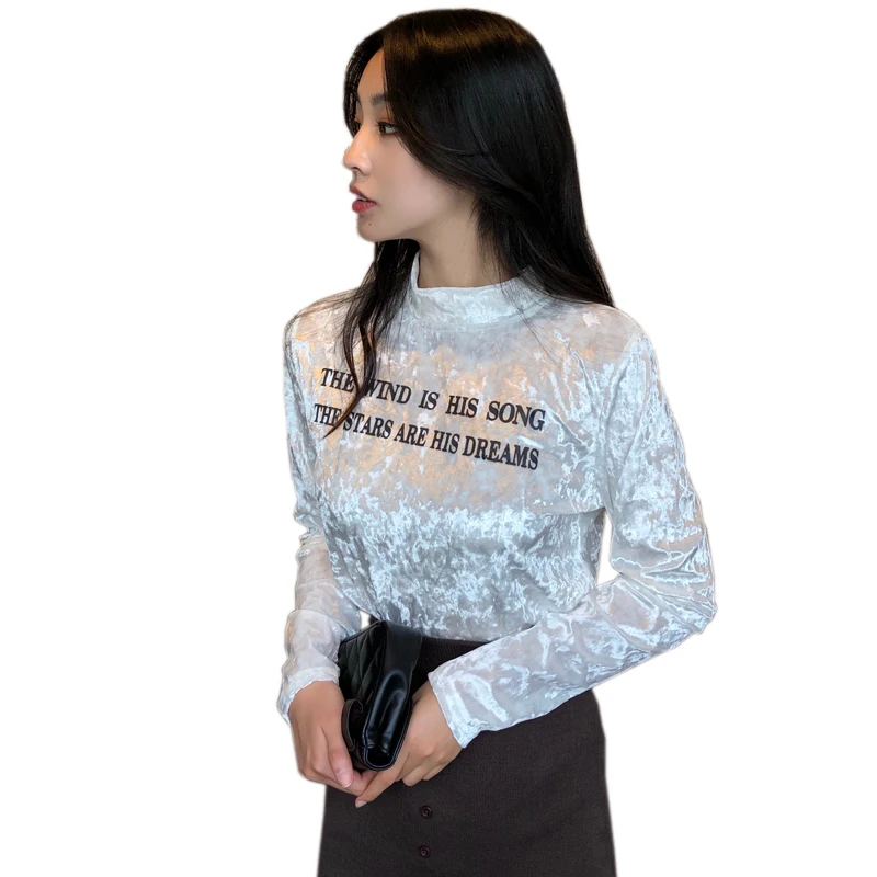 Футболка женская с высоким воротом в Корейском стиле 2017|printed tee|turtleneck t shirtt shirt women |