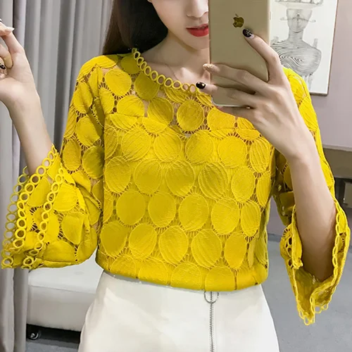yellow Белая кружевная блузка, женская рубашка, лето, корейский стиль, рукав-клеш, Круглый ворот, открытая, повседневная, для девушек, кружевные топы, Блуза женская - Цвет: yellow