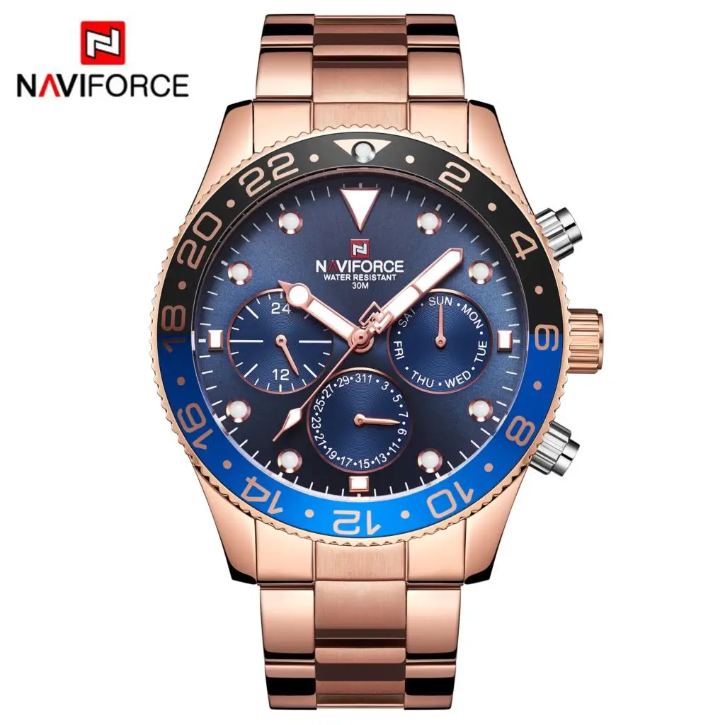 Rose Gold Blue NAVIFORCE кварцевые аналоговые 24 часа дата-неделя Бизнес водонепроницаемые наручные часы Мужские часы Relogio Masculino розовое золото спортивные мужские часы - Цвет: Rose Gold Blue