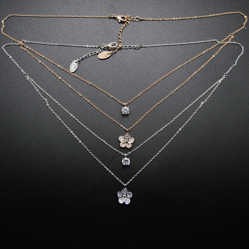 JZTOP Lady Zircon flower Choker Necklaces For Woman Silver Color Double Layer Crystal Pendant Necklace Luxury Engagement Jewelry | Украшения