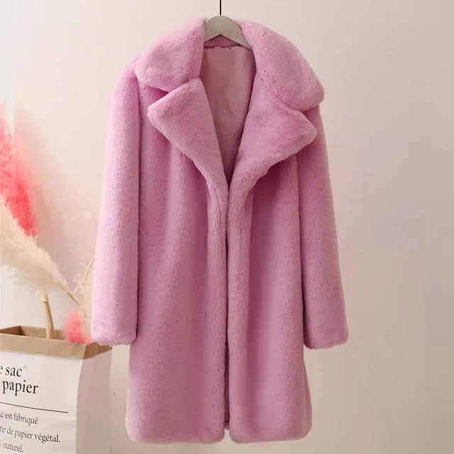 purple faux fur coat Уютные Шубы из искусственного кроличьего меха, шикарные женские зимние куртки, мягкие Меховые куртки из кроличьего меха, плотные теплые длинные пальто для женщин - Цвет: purple faux fur coat